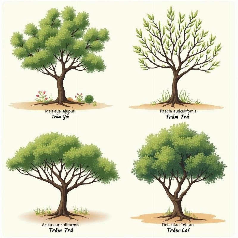 Các loại cây tràm phổ biến tại Việt Nam như tràm gió, tràm bông vàng, tràm trà và tràm lai.
